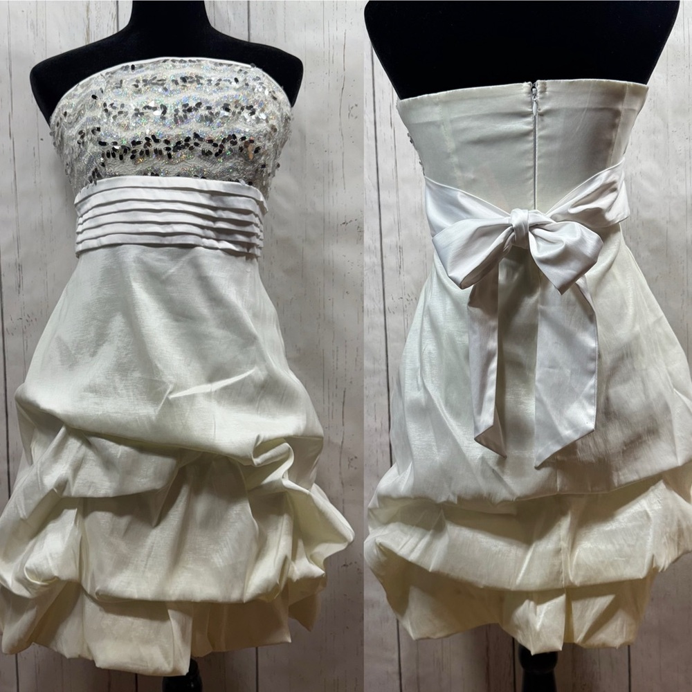 XOXO Strapless Babydoll Dress Asymmetrical Ruffled Sequins White Prom Y2K Party